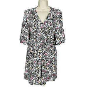 Floral Print Romper Short Sleeve Mini V Neck Blue White - M